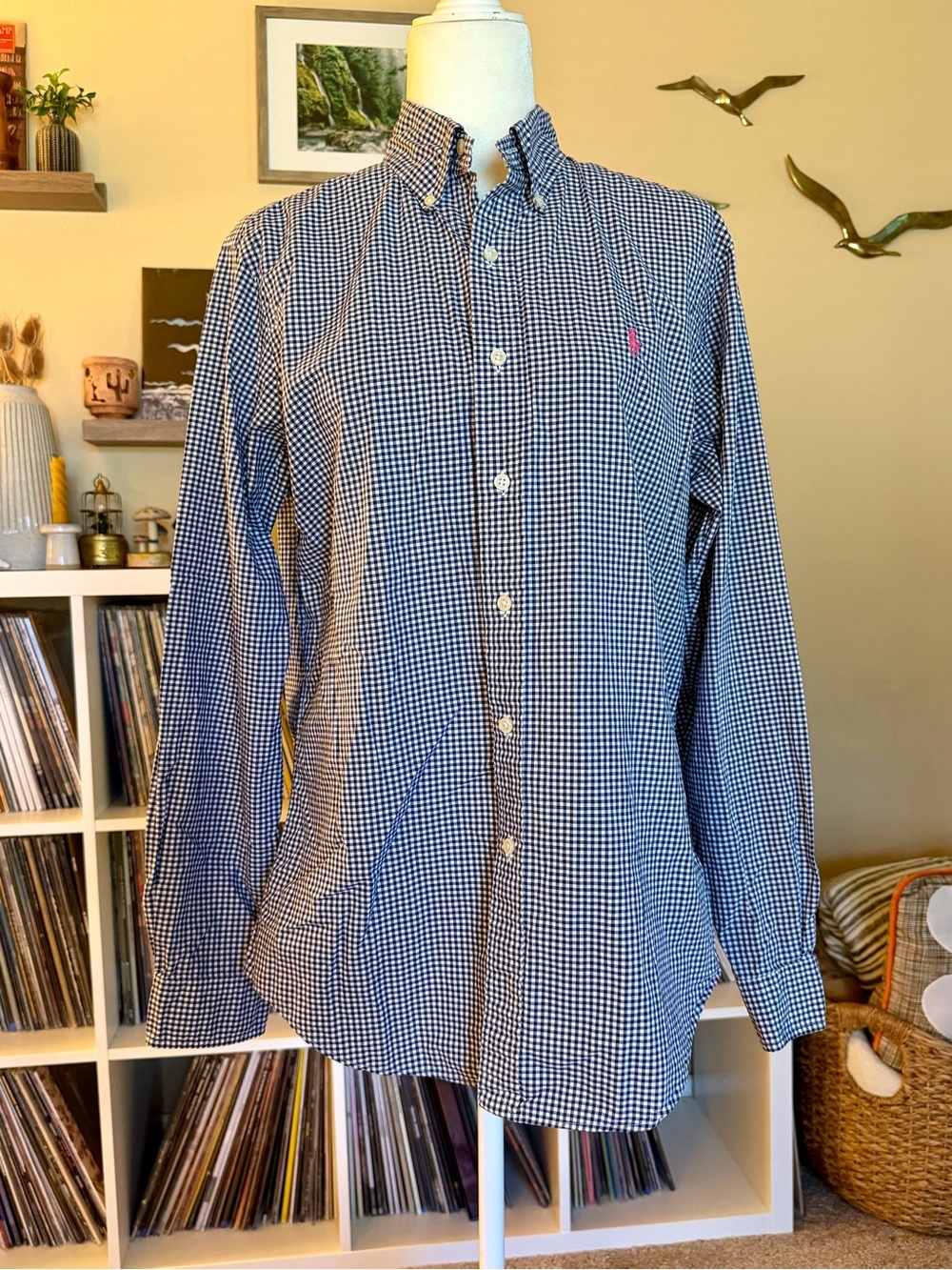 Ralph Lauren Men’s Size Medium Navy and White Gingham Performance Button-Down